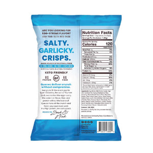 Salty garlicky crisps. Back of Original Bag.